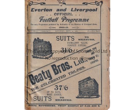 EVERTON / SPURS Programme Everton v Tottenham Hotspur 4/9/1909. Also covers Liverpool Reserves v Colne. Spine on tape. No wri