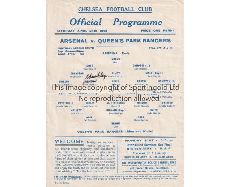 ARSENAL V QPR 1943 WAR CUP SEMI-FINAL / CHELSEA Single sheet programme for the FL South War Cup S-F played at Chelsea 24/4/19