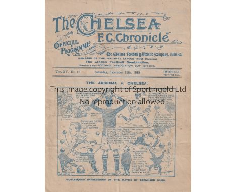 CHELSEA V ARSENAL 1919 Programme for the League match at Chelsea 13/12/1919, slightly creased. Generally good