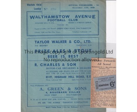 WALTHAMSTOW AVE Programme Walthamstow Avenue v Hastings &amp; St Leonard's FA Cup 12/11/1936. Comes with a newspaper cutting 