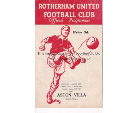 LEAGUE CUP FINAL 1961 Programme for the 1st Leg of the 1961 League Cup Final Rotherham United v Aston Villa at Millmoor. Ligh