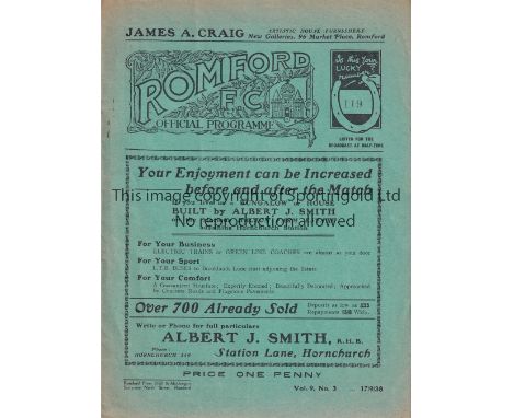 ROMFORD Home programme v Stork ( Purfleet ) FA Cup Extra Preliminary Round 17/9/1938. Romford won the game 12-1. Score and sc