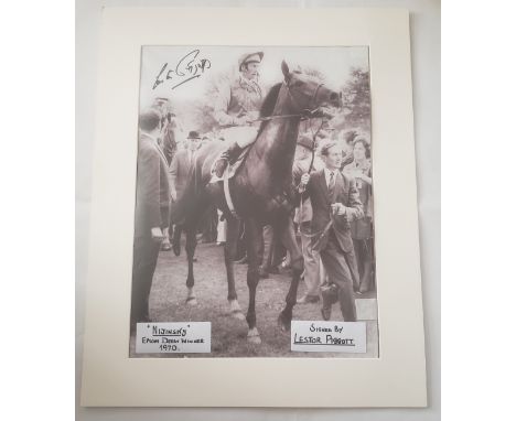 HORSE RACING, signed print showing Lester Piggott up on Nijinsky after victory in the 1970 Derby, overmounted, 20 x 16 overal