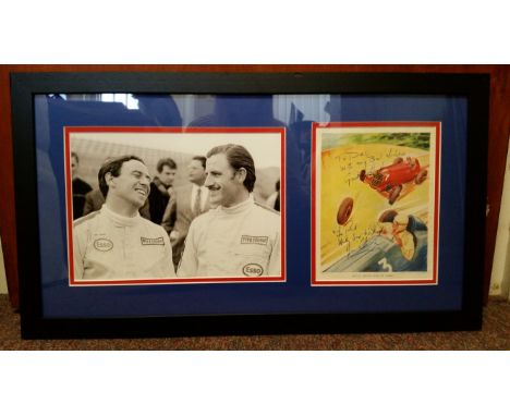MOTOR RACING, signed colour bookplate print by Graham Hill &amp; Jim Clark, overmounted beside photo showing both in Esso rac