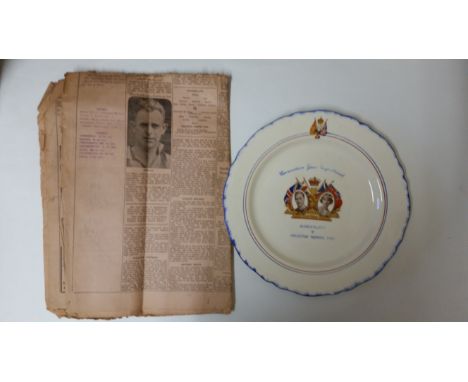FOOTBALL,  pottery plate, celebrating 1937 Coronation FAC, Sunderland v Preston North End, together with Football Echo newspa
