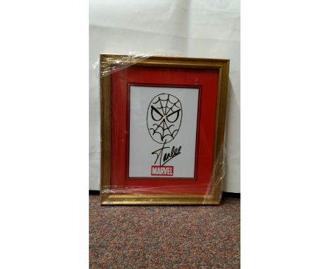 COMICS, signed promotional flyer by Stan Lee, showing sketch of Spidermans face, overmounted, framed and glazed, 10 x 12 over