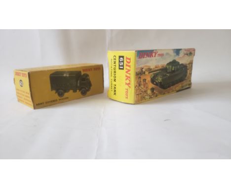 MILITARY, Dinky Toy selection, inc. no. 651 Ceunturion Tank (small pencil mark to box) &amp; no. 623 Army Covered Wagon, both