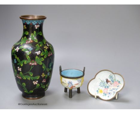   A Chinese enamel on copper tripod censer, a cloisonne enamel vase, 20cm high and a Canton enamel dish