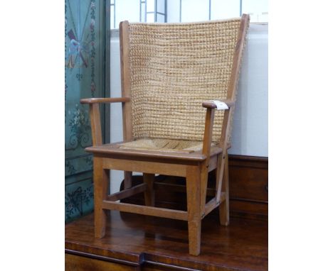   A 20th century light oak and skep work child's Orkney chair in traditional style, width 54cm, depth 56cm, height 84cm