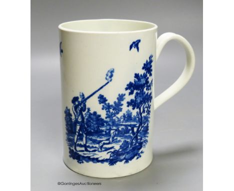   A Worcester 'Man holding gun' and 'Man shooting gun' patterns cylinder mug. Printed, shaded crescent mark, height 14cm