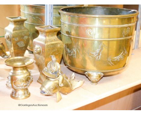   A Japanese brass planter, two vases and a model of kinko riding a carp, tallest 26.5 cm