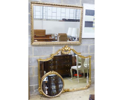   A Victorian style gilt overmantel mirror and two others (3) largest, W-136, H-115cm.