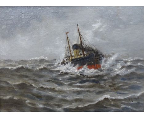   Nigel Terry, oil on canvas, Seascape of a trawler through rough sea, monogrammed NT and dated 1910, 39 x 29cm
