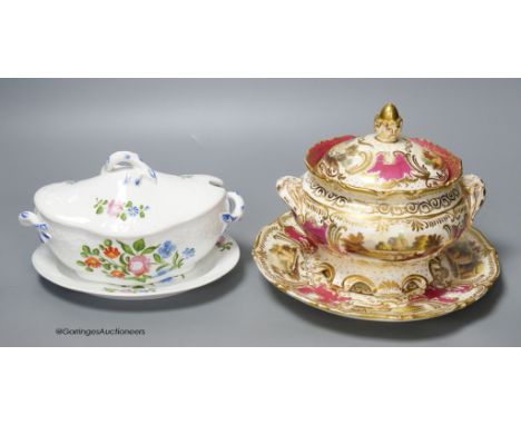   A Spode moulded sauce tureen, cover and stand painted with flowers and a Graingers Worcester sucrier, cover and stand paint