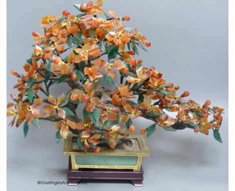 A Chinese hardstone model of a tree and planter, height 38cm and five hardstone fruits