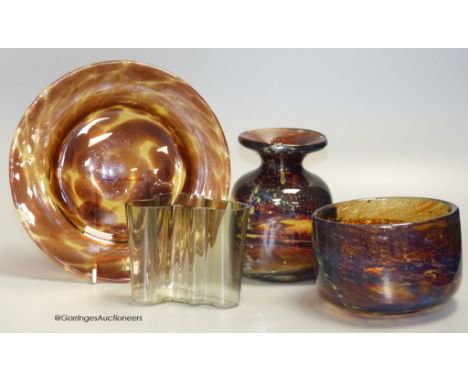   A Mdina glass bowl, together with an Alvar Aalto vase and two other pieces of glass