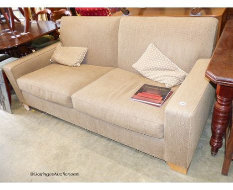   A modern square frame three seater sofa in brown flecked cord by 'Kingcome Sofas” W-194, D-95, H-80cm.