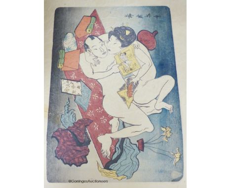   A pair of Japanese woodblock prints - erotic subjects,  25×35 cm