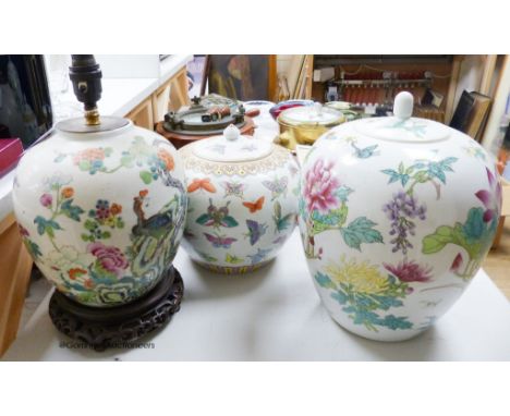   Two Chinese jars and covers and another converted to a lamp, tallest 22cm excl. light fitting