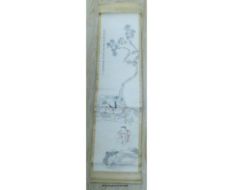   An early 20th century Chinese scroll painting on paper and scholar and boy
