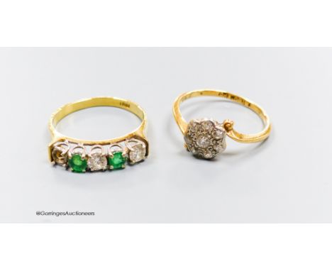   An 18ct emerald and diamond ring (stone missing), size P and an 18ct and diamond cluster set flowerhead ring, size O, gross