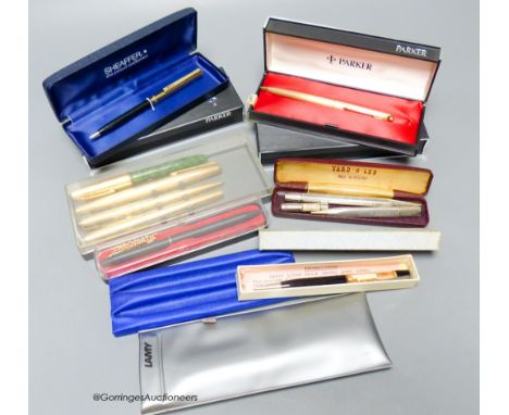   A group of Parker fountain ballpoint pens, Yard-O-Led pencil and a silver propelling pencil etc