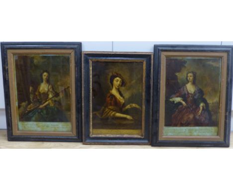   Three 18th/19th century reverse prints on glass, largest 26 x 36cm