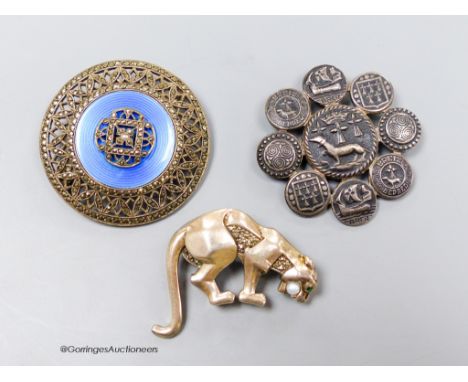   Three assorted brooches including a French white metal, marcasite and enamel, 40mm.