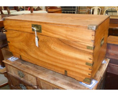   A small 19th century camphorwood trunk, fitted candle box to interior. W-83, D-39, H-41cm.W 83cm 