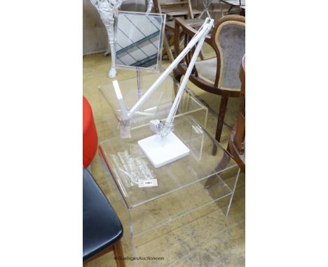   A pair of contemporary Perspex side tables, Perspex shaving mirror and an Italian white angle poise lamp.