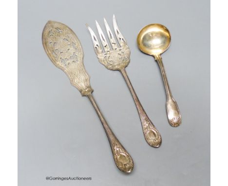   A pair of Victorian engraved silver fish servers, Sheffield, 1868 and a George III silver fiddle and thread pattern sauce l