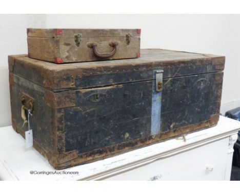   A Victorian iron bound lead-lined trunk, together with a later pine box. Larger, W-91, D-52, H-37cm.
