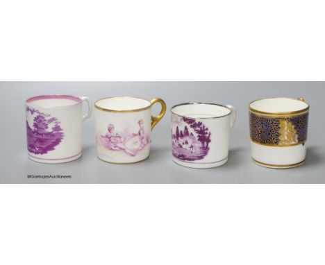   Four coffee cans Minton painted in Watteauseque style made for A.B.Daniell, another Minton with purple landscape, a Hercula