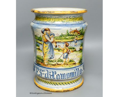   An Italian Orvieto vase or jardinière of albarello formof shaped cylindrical form, decorated with a river landscape and fig