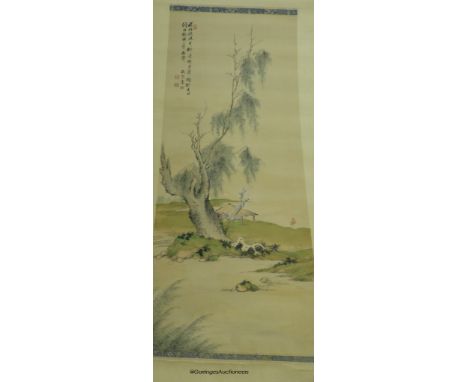   Two late 19th century Chinese scroll paintings, sage in a landscape and buildings in a landscape