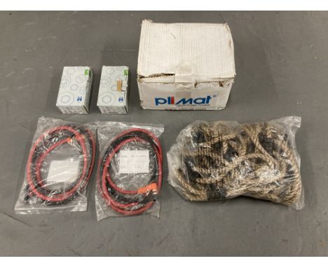 A box of pipe fittings, two boxes of machine counter sunk screws, length of rope and two electrical cables 