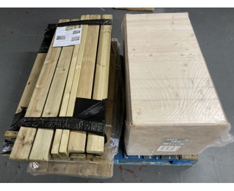 A pallet of wooden crate, flat packed picnic bench, further wooden panels (af)