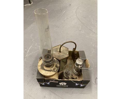 A box of metal lamps and paraffin light etc 