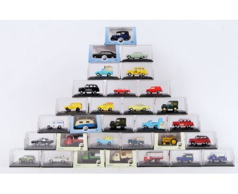 A collection of 30x original 00 scale 1:76 Oxford Diecast made model cars - all unused, in original boxes. To include Scammel