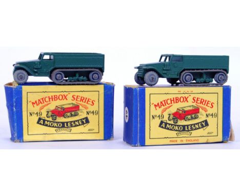 Two original vintage Matchbox Moko Lesney boxed diecast model military vehicles. Both variations of No. 49 M3 Personnel Carri