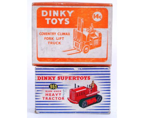 Two original vintage Dinky diecast models. 14C Coventry Fork Lift and 963 Blaw Knox Tractor. Both with original boxes.