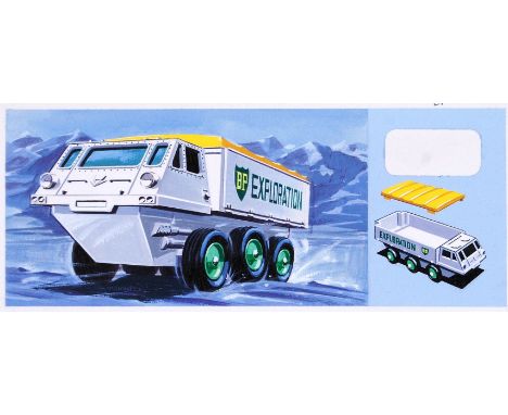 A fabulous original piece of box artwork for Matchbox Lesney Superfast diecast model No.61 Alvis Stalwart ' BP Exploration ' 