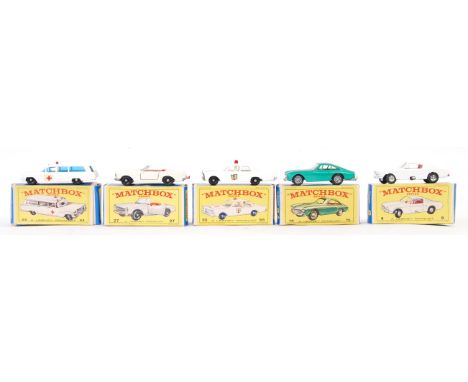 A collection of 5x original vintage Matchbox Lesney diecast model cars. All appear mint+ or very near mint, within the origin