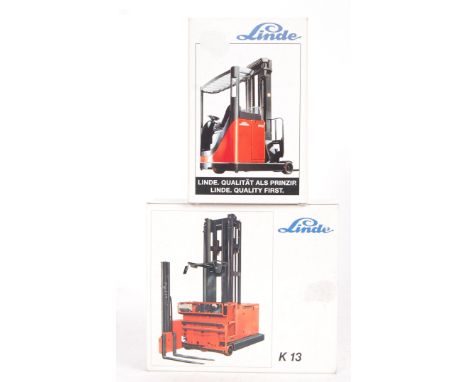 Two rare Linde German made precision diecast model Forklifts. One being K-13, the other unnamed. Both within the original box