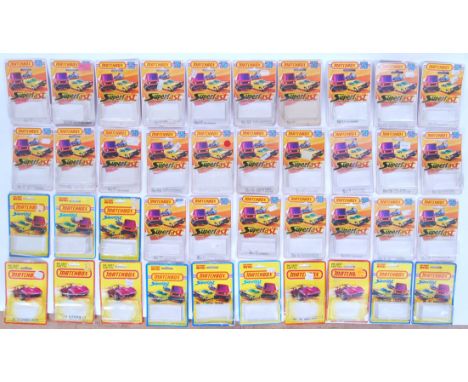 A collection of 40x original vintage 1980's Matchbox Superfast 75 diecast model EMPTY boxes / card backs. Each with attached 