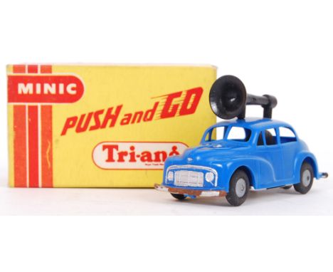 A vintage Triang Minic ' Push &amp; Go ' model Morris Minor Loudspeaker Car. Appears mint, within the original box.