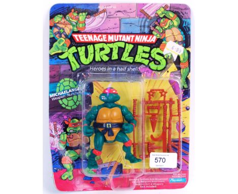 An original vintage Playmates made Teenage Mutant Ninja Turtles 10 back carded action figure of Michaelangelo. Sealed on the 