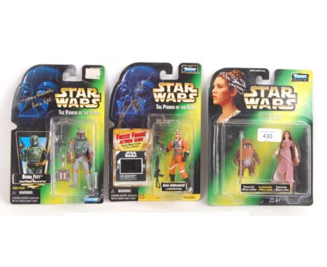 A collection of 3x Star Wars Kenner Power Of The Force carded action figures, signed by the relevant actors who portrayed the