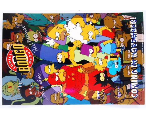An original promotional card for Bongo Comics ' The Simpsons ,' featuring hand signed autographs of artists Steve Vance, Bill