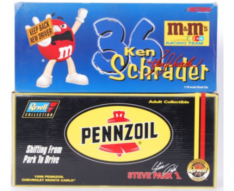 Two boxed NASCAR related 1:18 scale diecast model cars - Revell Precision Steve Park 1 1998 Pennzoil Monte Carlo, and Action 